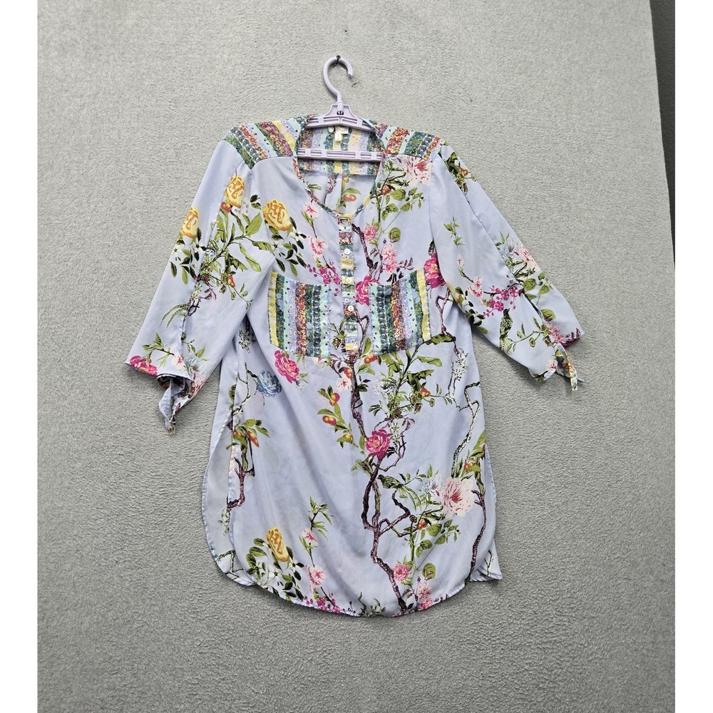 Fig And Flower Women Blouse L Blue Floral Patchwork Tunic Boho Button Front